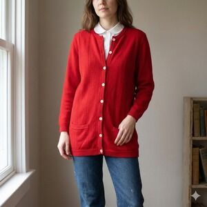 Vintage Mac Elton Cardigan Womens 38" Large Red 100% Lambswool Buttoned Sweater